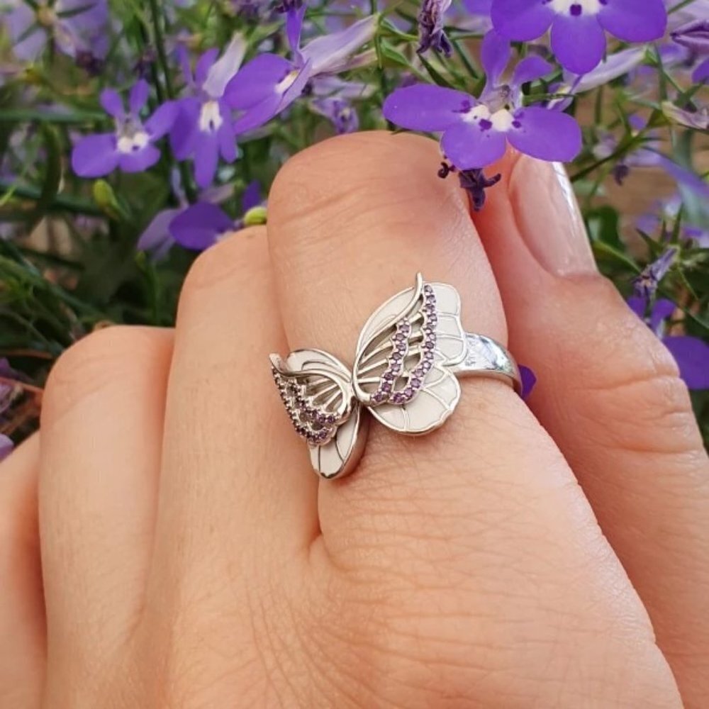 🔥Sweet White Butterfly Anillos Silver Plated Ring for Women/Girl, UNVN12339 - Picture 5 of 6